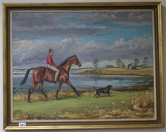 Barbara Waller, oil on canvas, lady on a pony, at Brampton Water, signed and dated 1968, 50 x 65cm